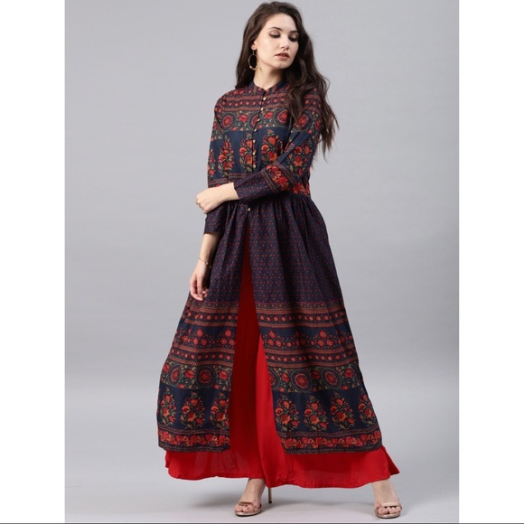 Other - Navy Blue Floral Print Cotton Anarkali with High Slit! Size: L